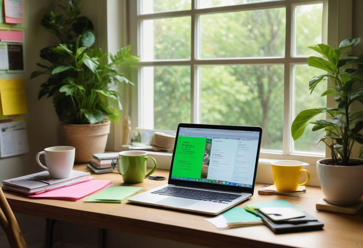 A serene workspace featuring a stylish laptop open to a digital journal, surrounded by colorful post-it notes and tech gadgets. A steaming cup of coffee sits beside a motivational quote framed on the wall. Soft natural light filters through a window showcasing a lush green view outside. Text overlays highlight 'Unlock Your Inner Tech Blogger'. vibrant colors. super-realistic. warm ambiance.