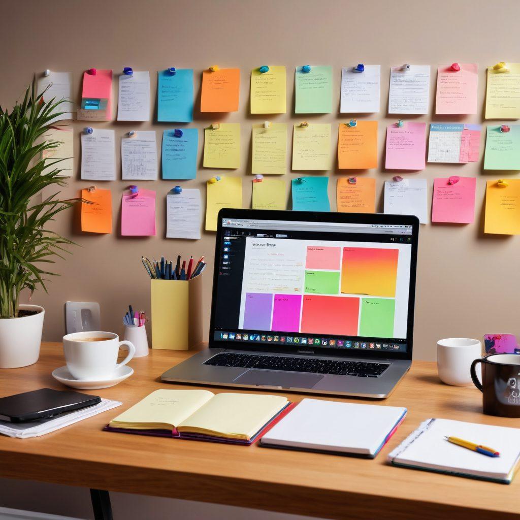 A modern office workspace with a computer displaying an engaging web log. Surrounding elements include a notepad with handwritten notes, colorful sticky notes on the wall, a cup of coffee, and an open book about digital marketing. The atmosphere is bright and inspiring with a blend of technology and creativity. super-realistic. vibrant colors. cozy setting.