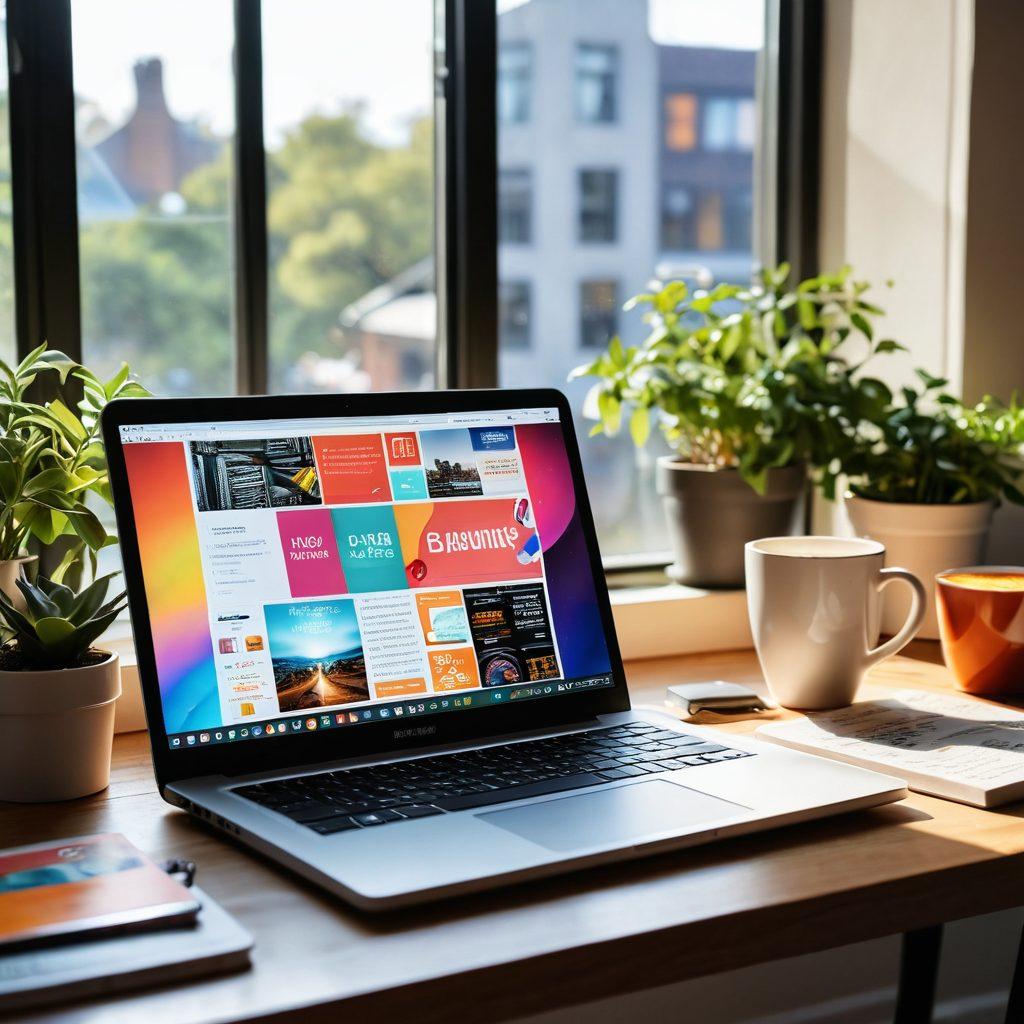A digital workspace with a sleek laptop showcasing a vibrant blog layout on the screen, surrounded by colorful tech gadgets and inspiring books. Bright sunlight streams through a nearby window, illuminating a cozy atmosphere filled with ideas and creativity. An abstract representation of the passion-to-platform journey symbolizes growth and innovation in the tech blogging world. super-realistic. vibrant colors. warm tones.